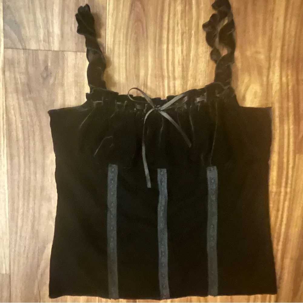 Express Black Velvet Camisole with Ruffle Straps, Lace and ribbon - Picture 2 of 13